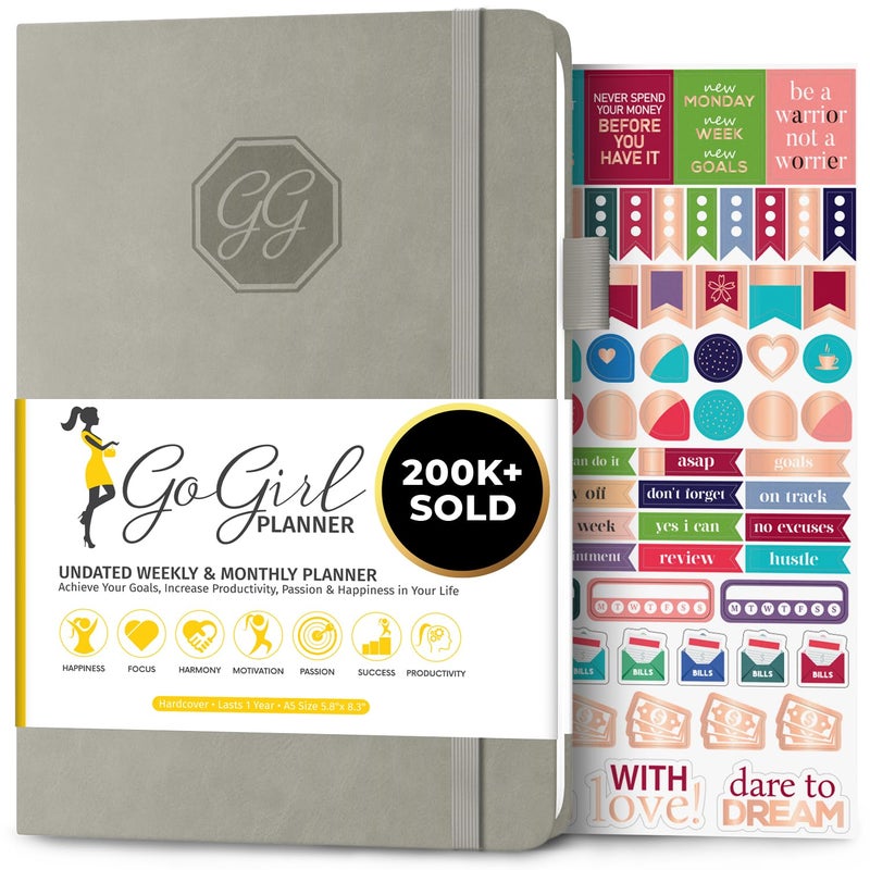 GoGirl Planner and Organizer for Women â€“ A5 Size Weekly Planner, Goals Journal & Agenda to Improve Time Management, Productivity & Live Happier. Undated â€“ Start Anytime, Lasts 1 Year â€“ Gray - Image 1
